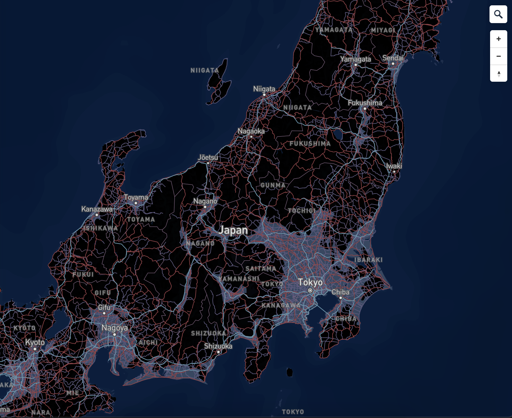 Black Background Red Lines Edition: Honshu, Japan, enhanced night effects for Road & transit network and Light preset.